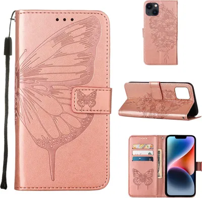 Produktbild von iPhone 14 Plus Hülle, Schmetterling Prägung Flip Leder Kartenfächer Schutzhülle Ledertasche mit Ständer für iPhone 14 Plus Roségold