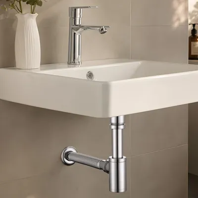 Produktbild von Homelody Wasserhahn Bad Chrom Einhebelmischer mit Siphon Pop Up Ablaufgarnitur Überlauf Röhrensiphon, Amatur Bad Waschbecken Chrom mit Abfluss