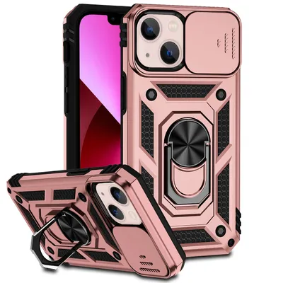 Immagine prodotto di Custodia per iPhone 13 a doppio strato con copertura scorrevole della fotocamera e supporto ad anello Rosa