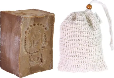 Produktbild von TUMELO Original Aleppo Seife 200g 80% Olivenöl 20% Lorbeeröl + Sisal Seifensäckchen, handgemachte Olivenölseife Naturseife