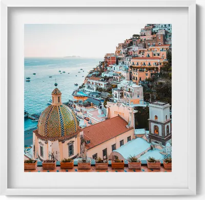 Produktbild von Positano Amalfiküste Italien– Wandbild mit Rahmen – Gerahmtes Bild  – Wanddekoration – 50x50 cm –  Weiß Rahmen