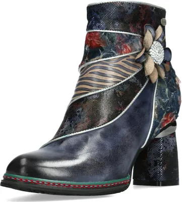 Produktbild von Laura Vita Damen Stiefelette Leder mit Blütenapplikation Blumenmuster Kinoao 13, Größe:37 EU, Farbe:Blau