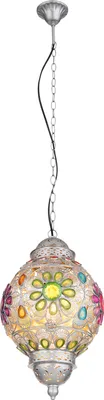 A hanging lamp with a decorative glass shade.