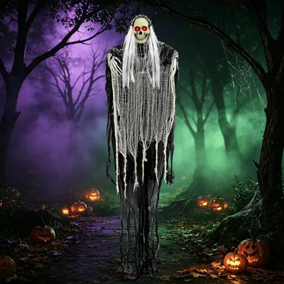 Produktbild von OZAVO Hängender Skelett-Geist Halloween Deko 180cm, leuchtende rote Augen,Geräuschaktivierter Sound, Bewegliche Arme, für Haustür Veranda Garten Party