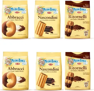 Produktbild von Mulino Bianco Kekse testpaket Abbracci Nascondini, Ritornelli 4 x 700g 2 x 600g + Italian Gourmet polpa 400g