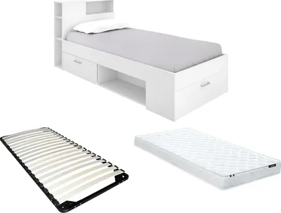 Produktbild von Bett mit Kopfteil, Stauraum & Schublade + Matratze + Lattenrost - 90 x 190 cm - Weiß - LEANDRE