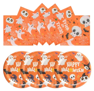 50 Halloween-Pappteller 23 cm – Skelett, Geist & Spinnennetz