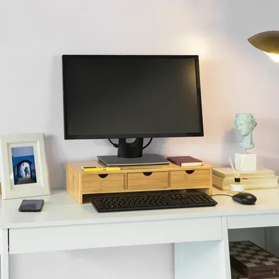 Productafbeelding van SoBuy Monitorverhoger, monitorstandaard, beeldschermstandaard, bureauaccessoire met vakken en 3 lades, bamboe, model BBF03-N