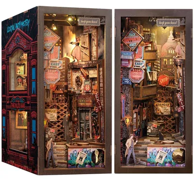Immagine prodotto di Kit per la creazione di una mini libreria decorativa da parete, con illuminazione a LED | Decorazione per libreria | Puzzle in legno | "The Long Goodbye"