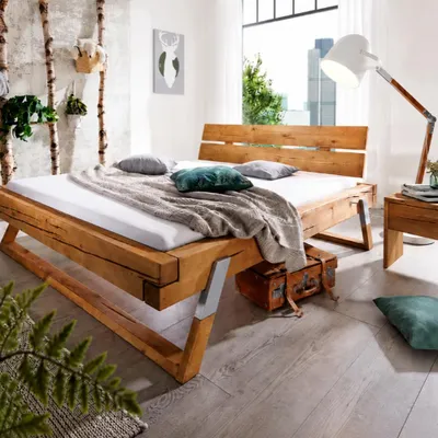Produktbild von Balkenbett B 162,5 x H 89 x T 226,5 cm THUN – Altbuche massiv