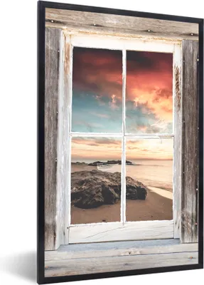 Produktbild von MuchoWow® Gerahmtes Poster Durchblick - Holz - Strand 60x90 cm - Poster mit Schwarzem Bilderrahmen Wandposter Rahmen Foto Bilder - Kunst