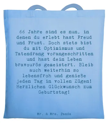 Produktbild von Mr. & Mrs. Panda Jutebeutel Spruch 66. Geburtstag - Sky Blue - Geschenk, Geschenke, Geburtstagsgeschenk, Geburtstagssprüche, Baumwolltasche, Frust und Freud, Schultasche