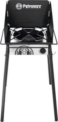 A single burner gas stove with legs, shown from the front.