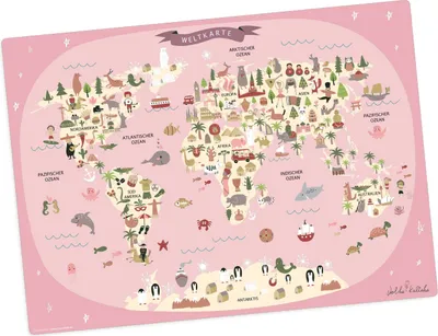 Produktbild von Tischset | Platzset abwaschbar für Kinder – Weltkarte in rosa mit Tieren in deutsch – 44 x 32 cm – premium Vinyl –  Germany – Mädchen