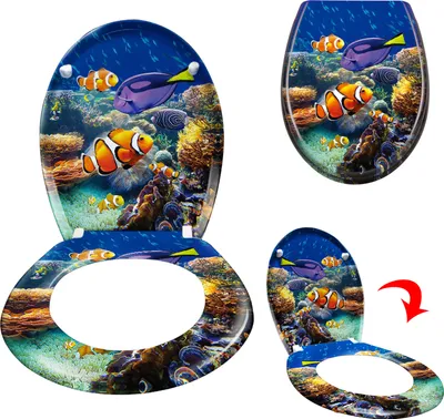 A collage of toilet seats with a tropical fish and coral reef design.