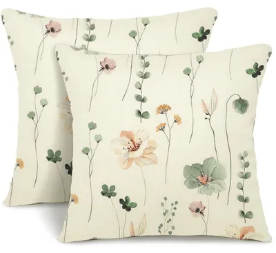 Produktbild von Kissenbezug 40x40 cm 2er Set Leinen Aquarell Florales Muster für Sofa Wohnzimmer Outdoor