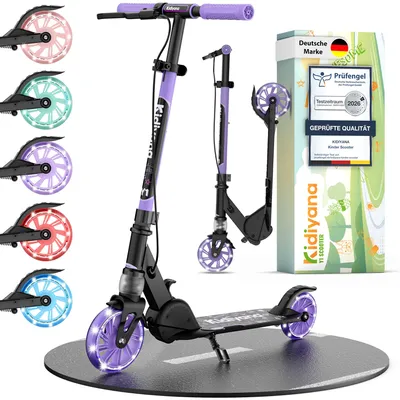 Produktbild von Kidiyana Kinderroller ab 5 Jahren bis 50 kg – klappbarer Scooter mit LED-Rädern, Handbremse, Stoßdämpfung & höhenverstellbarem Lenker