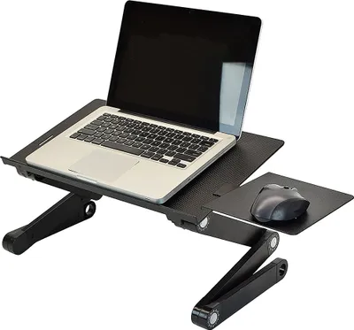 A black adjustable laptop table with a laptop and mouse on it, set against a white background.