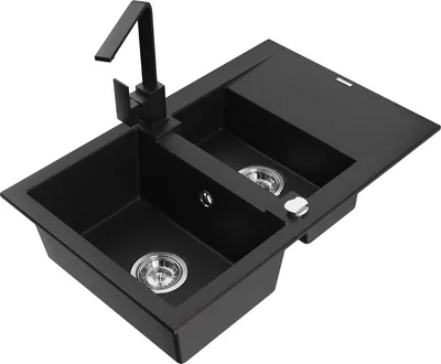 Produktbild von Mexen Gaspar 1,5-Becken-Granitspüle mit Abtropffläche und Mischbatterie Rita, Schwarz - 6507-77-670300-70