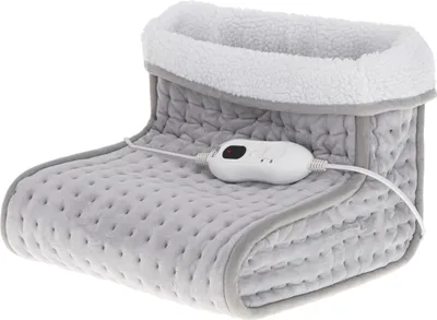 A close-up studio shot of a gray electric foot warmer with a white fluffy lining.