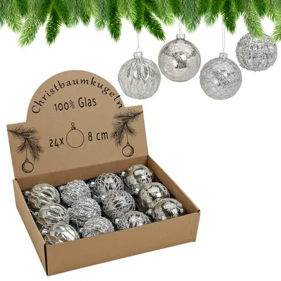 Image de Verre Boules d'arbre de Noël Set de 24 Décorations d'arbre de Noël Argent scintillant