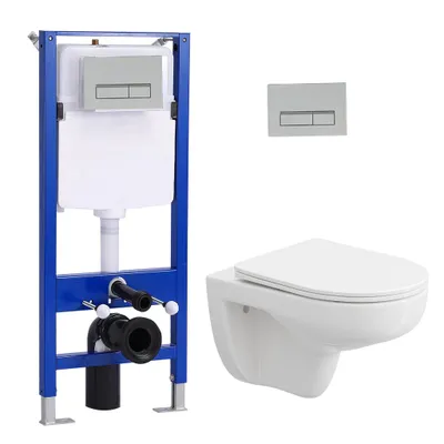 Immagine prodotto di Set di elementi da incasso per WC + WC sospeso senza bordo + cassetta da incasso da 114 cm con piastra di spinta rettangolare cromata HOROW