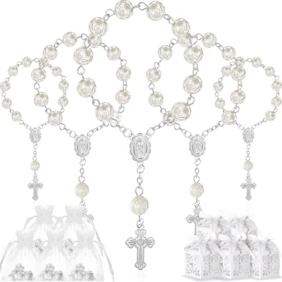 Produktbild von Solidchoice – Set für Gastgeschenke zur Taufe – 50 Stück – Rosenkranz aus elfenbeinfarbenem Acryl – Imitatperlen – Weiße Organzasäckchen – Geschenkboxen mit Schleifen – Gastgeschenke für besondere Anlässe