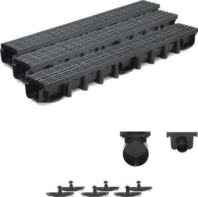 Produktbild von 3m Entwässerungsrinne für modulares System A15 98mm, komplett Stegrost Kunststoff, Schwarz Line