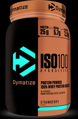 Produktbild von Dymatize ISO 100, Pulver, Hydrolisiertes Molkenprotein, Molkenprotein isoliert, Erdbeere, L-Alanin, L-Arginin, L-Asparaginsäure, L-Cystein, L-Glutaminsäure, L-Glycin, L-Histidin,..., Hydrolized whey protein isolate (milk) (49%), whey protein isolate (milk) (45%), emulsifiers..., 25 g