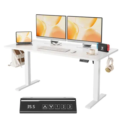 Produktbild von Höhenverstellbarer Schreibtisch elektrisch mit Memory-Funktion Verstellbare Füße Haken, Kabelmanagement 120x60 cm Weiß
