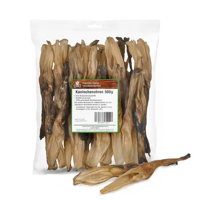 Produktbild von Kaureks Natur Hundeleckerlies, Kaninchenohren ohne Fell 500g, Hasenohren, fettarm, Kauartikel, Kausnack