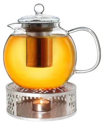 Produktbild von Creano Teekanne aus Glas 1,7l + ein Stövchen aus Edelstahl, 3-teilige Glasteekanne mit integriertem Edelstahl Sieb und Glasdeckel, ideal zur Zubereitung von losen Tees, tropffrei