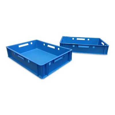 Two blue plastic crates are shown against a white background.