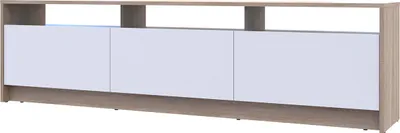 A long, low media console with three white cabinet doors and a light brown wood-grain frame.