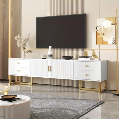 Image de Meuble TV - Modèle bas avec portes, tiroirs structurés et accents dorés