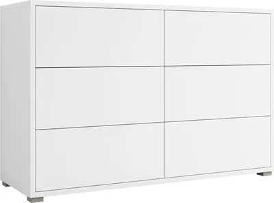 A white dresser with six drawers against a white background.