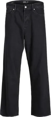 A pair of black jeans shown from the front against a white background.