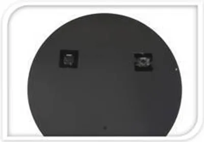 The back of a round mirror with a black metal frame is shown against a white background. Two square mounting brackets are visible on the back.