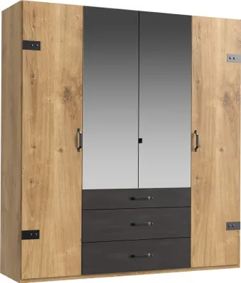 Produktbild von Kleiderschrank "Detroit" in Plankeneiche mit 3 Schubladen und 4 Türen. Abmessungen (BxHxT) 200x216x58 cm
