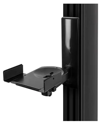 A close-up view of a black speaker wall mount attached to a black vertical pole.