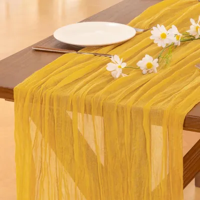 Immagine prodotto di Runner da tavolo in garza, stile boho, rustico, 304,8 cm, color oro, confezione da 3 pezzi