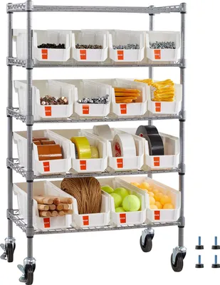 Obrázok produktu pre VEVOR Stojaci regál, úložný regál s 5 úrovňami a 16 odkladacími boxmi, regál na knihy, kuchynský regál s kolieskami, mobilný regál do garáže, skladu, kancelárie, reštaurácie, triedy, kuchyne, 610x355x1065 mm