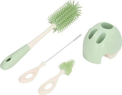 Obrázok produktu pre Súprava kefiek na detské fľaše Ergonomická rukoväť Viacúčelová silikónová čistiaca kefka so základňou na slamku na cumlík zelená rovná