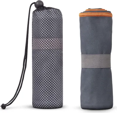 Produktbild von Mikrofaser Handtuch für Sport, Sauna, Fitness - Reise Handtuch - kompakt, saugfähig, leicht & schnelltrocknend ( Grau mit Oranger Biese / 50x100cm ) mit Spanngummi und Tasche