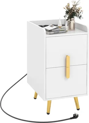 Zdjęcie produktu dla KOMFOTTEU stolik nocny ze stacją ładującą, stolik boczny z 2 portami USB i 3 gniazdami, stolik boczny z 2 szufladami, 32 x 40 x 60 cm
