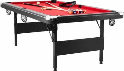 Immagine prodotto di SucceBuy Tavolo da biliardo 7 ft, portatile, pieghevole, con palline, stecche, gesso e spazzola, nero con panno rosso, perfetto per la sala giochi della famiglia