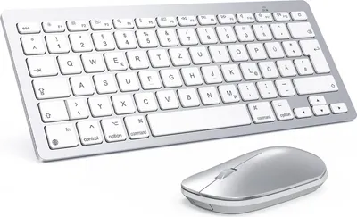 Produktbild von kabellose Tastatur und Maus Kombination kompatibel mit MacBook Pro/Air, iMac, iMac Pro, Mac Mini, Mac Pro, QWERTZ DE-Layout, Silber