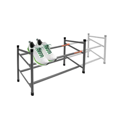 Produktbild von Kovový regál na topánky sivý výsuvný s 2 policami - 62-118 cm - Regál na topánky s 2 policami na 12 párov topánok - Teleskopický regál na topánky O