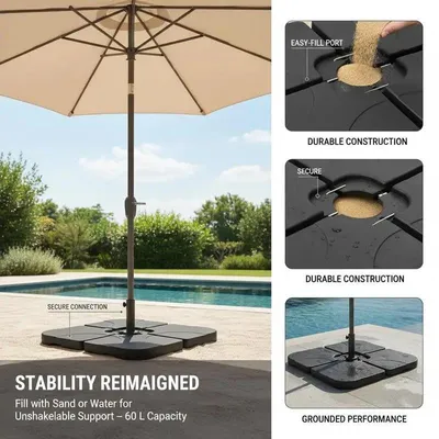 Image de Support de parasol mobile - Base remplissable avec 60 litres d'eau ou de sable - Ensemble de 4 pieds stables - Pour parasols de jardin jusqu'à 3 mètres - Noir