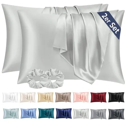 Produktbild von Set mit 2 Satin-Kissenbezügen (40 x 80 cm), silbergrau, seidenweich und pflegeleichter als Seidenkissenbezüge. Inklusive 2 Haargummis.